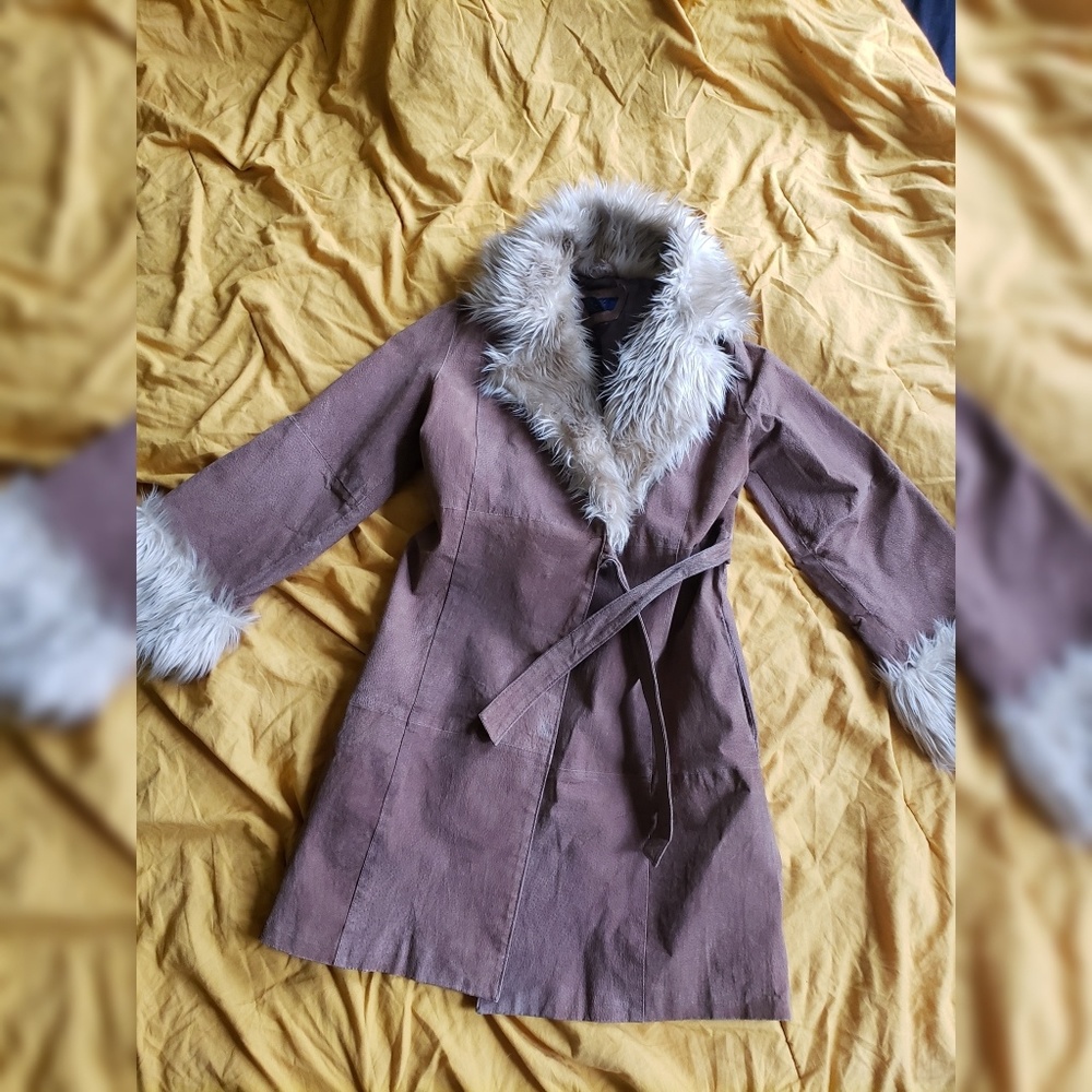 Leather and fur tie waist jacket